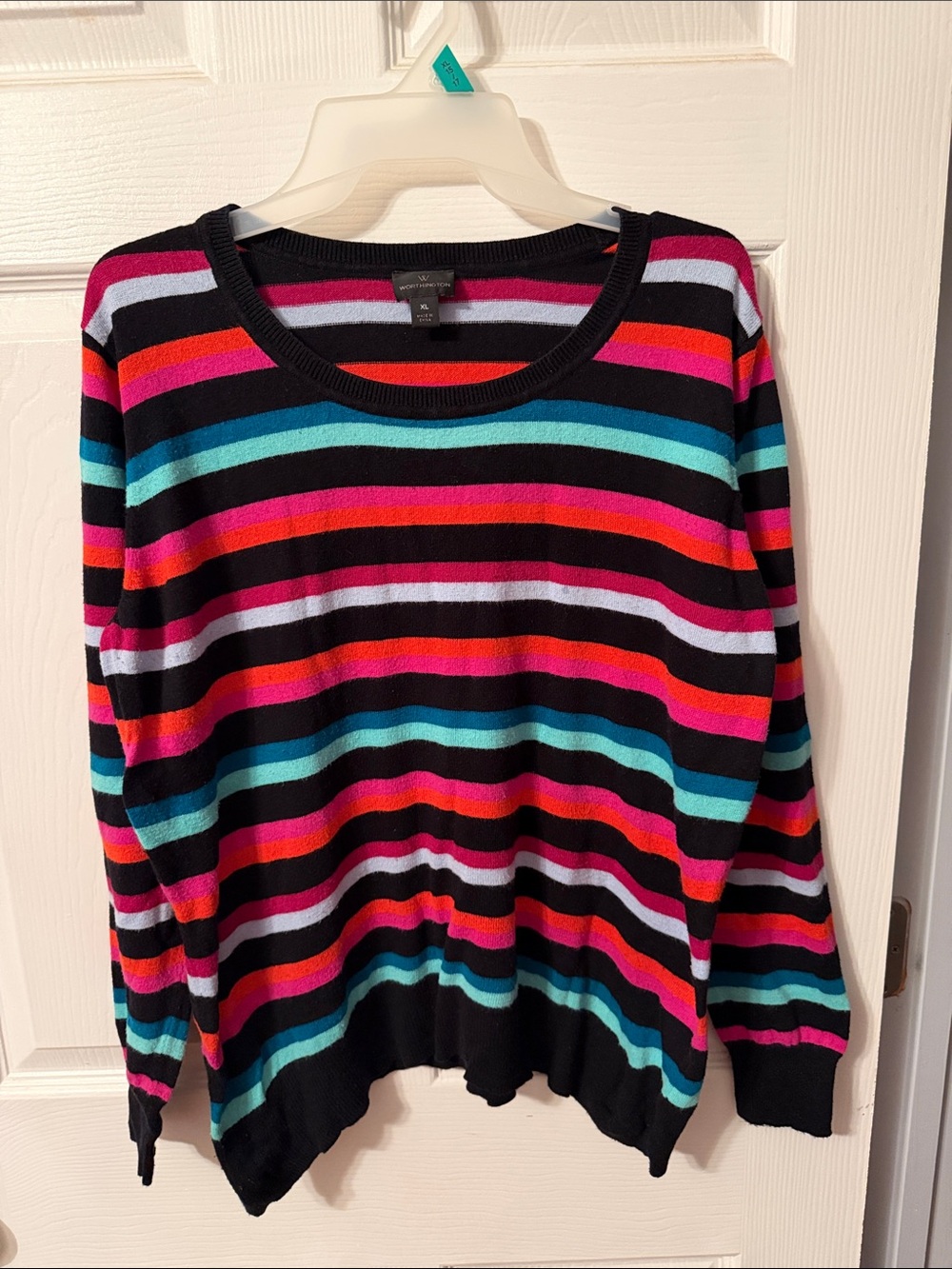 Worthington Multicolor Striped Crewneck Sweater - Black, Teal, Pink, Red